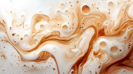 Abstract pattern of coffee with milk swirling together. Liquid latte texture creating a captivating abstract pattern close up. Background with cocoa and milky waves. 