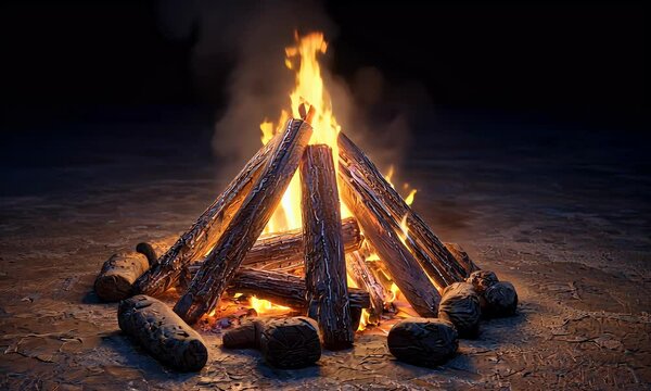 A vibrant bonfire ablaze, casting warmth and light on the ground with smoke rising above it in the dark
