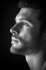 Striking black and white portrait of a fashion model studio setting artistic photography close-up view