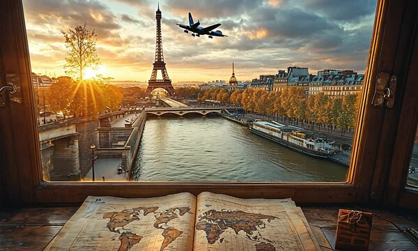 A scenic view from a window showcasing the Eiffel Tower at sunset with an airplane flying above
