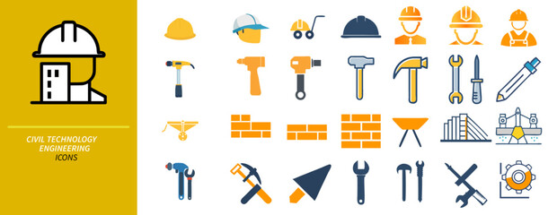 Vector illustration showing sets of construction tools and brushes with cartoon-style icons