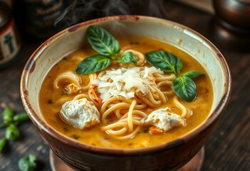 Italian Laksa Soup in a rustic ceramic bowl