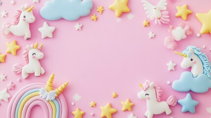 Pastel pink background with cute fondant unicorns, rainbows, stars, and clouds.