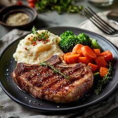A perfectly grilled steak with mashed potatoes and vegetables. Featuring flavor and comfort