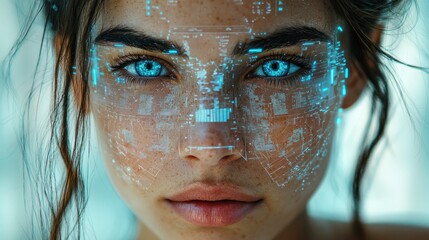 Woman's face overlaid with futuristic blue digital interface near her face