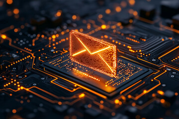 Futuristic digital email icon glowing on circuit board, symbolizing communication and technology. vibrant orange light contrasts with dark background, creating striking visual