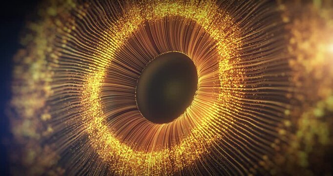 Abstract eye in space with golden light particles on blue background used for inspirational video projects, presentations, reports, commercials, social media. 4k