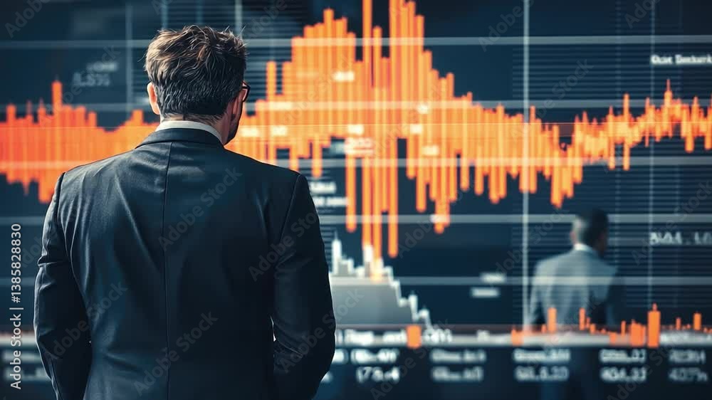 Poster businessman analyzing financial data on graphs and charts with orange and blue color schemes for dat