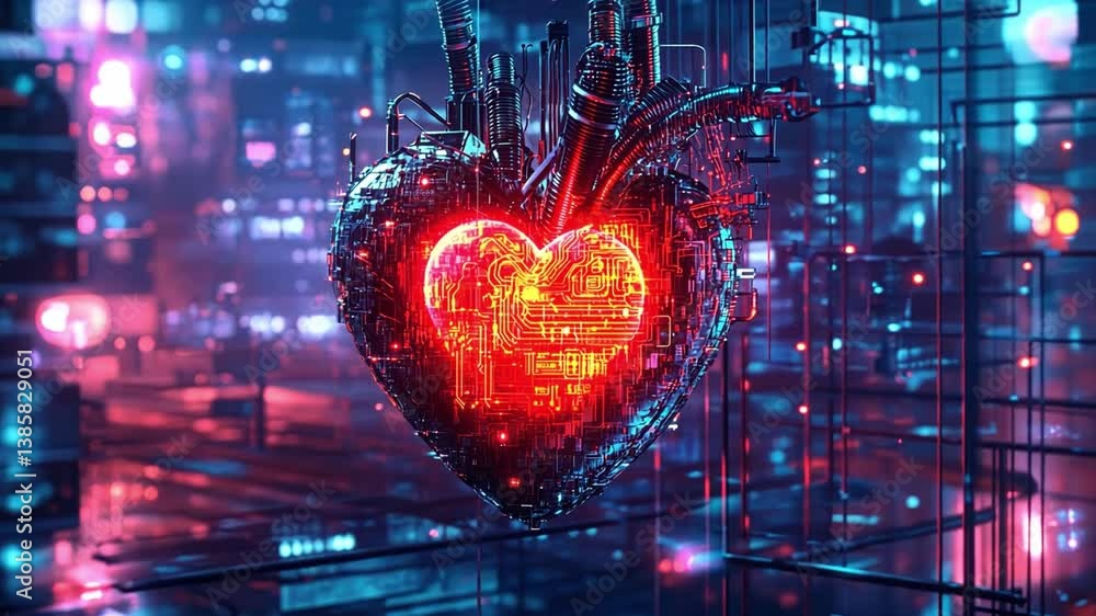 Poster futuristic heart design with neon lights and digital cables in an abstract cityscape background for 