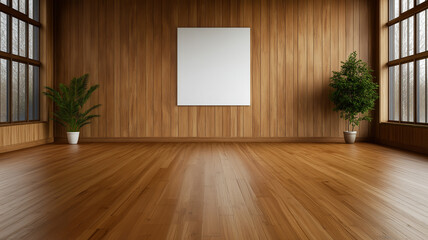 Obraz premium modern office interior featuring wooden walls, blank white frame, and potted plants. warm wooden floor enhances inviting atmosphere of space