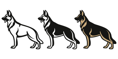 Stylized Vector German Shepherd Dogs: Black, White, and Tan Illustrations