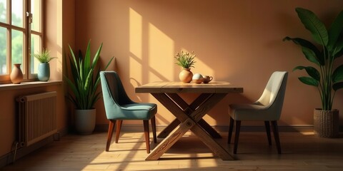 Warm Sunlight Illuminates a Rustic Dining Room with Soft Upholstered Chairs and Lush Indoor Plants