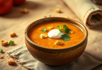 A steaming bowl of Gazpacho Soup with a rustic bowl and warm lighting