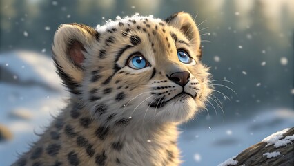 Fototapeta premium Adorable snow leopard cub with blue eyes looking up in a snowy winter landscape