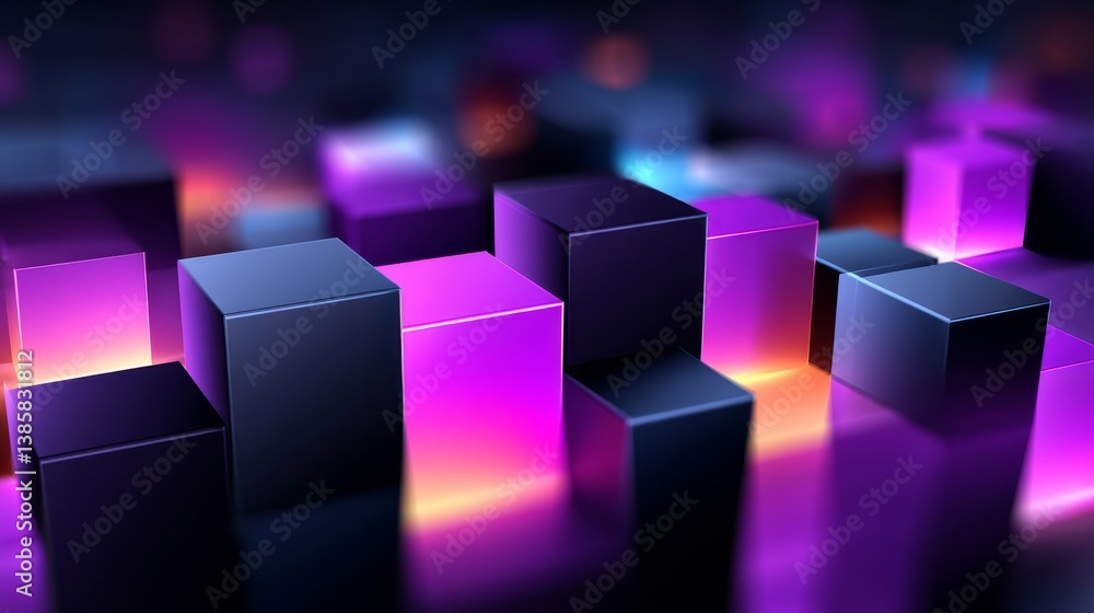Poster abstract glowing cubes background - vibrant purple and pink glowing cubes on a dark background, crea