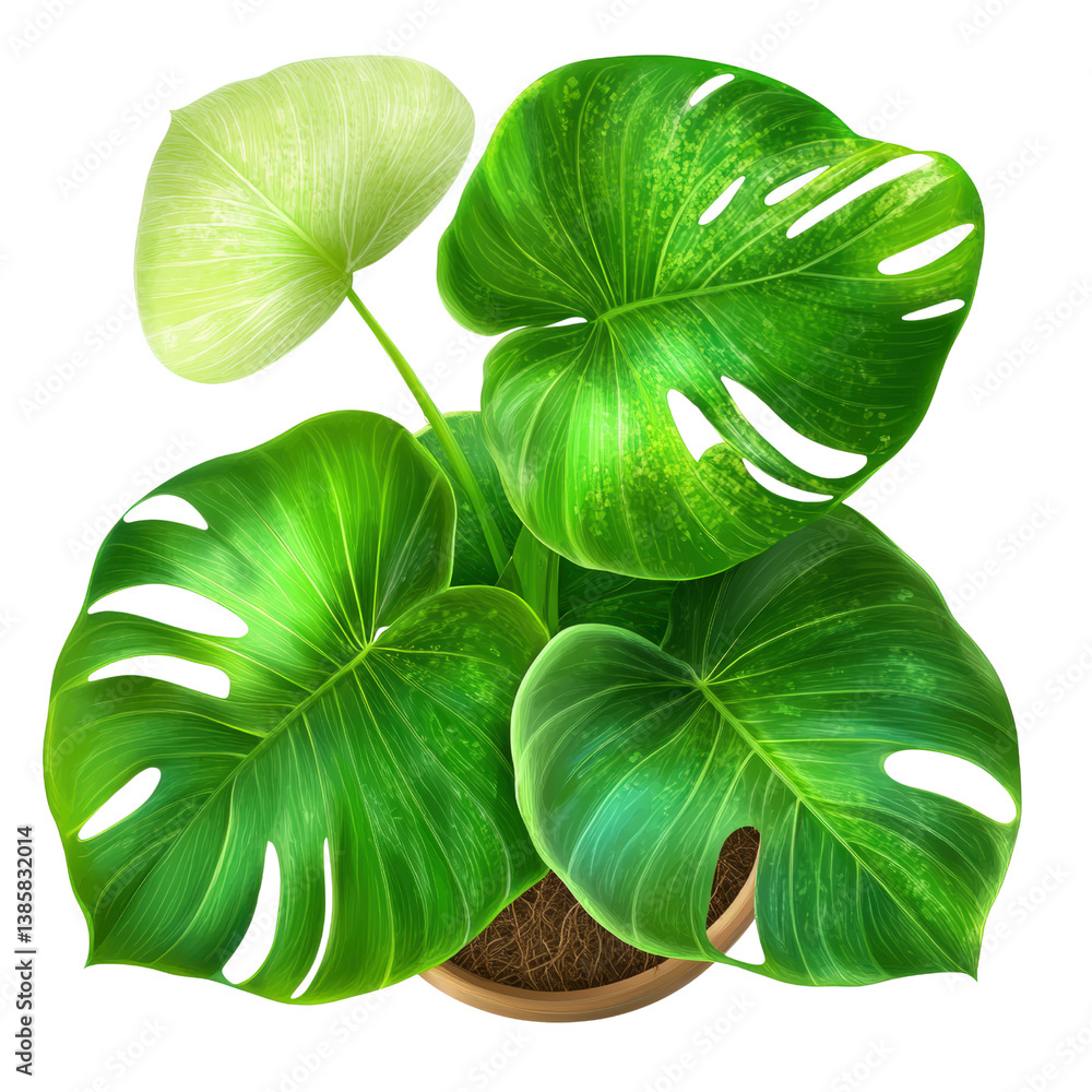 Poster an unusual monster plant with large, unique leaves and intriguing shapes creating a striking visual 