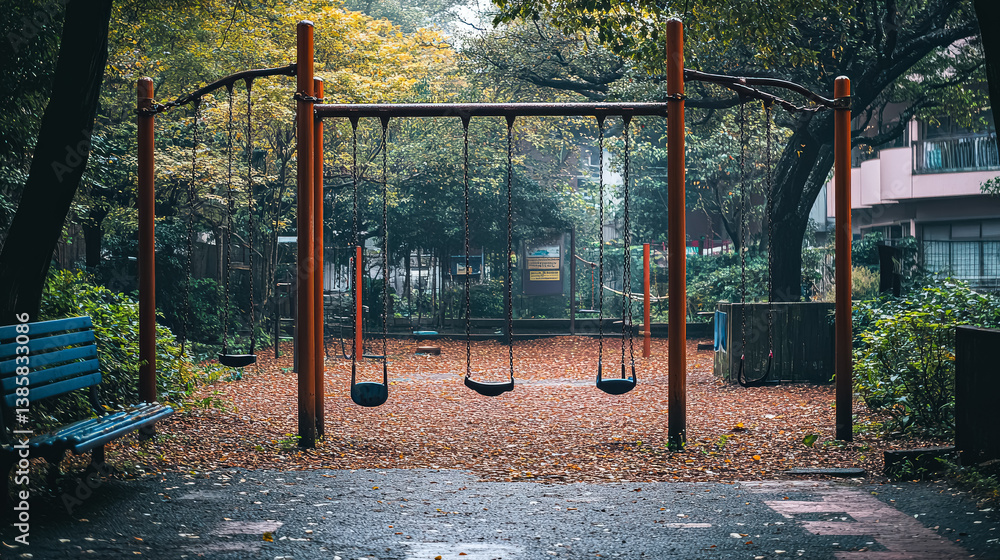 Poster park with a swing set and a bench. the swing set is empty and the bench is empty
