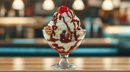 Delicious ice cream sundae topped with chocolate fudge and cherry, served in glass bowl. Perfect for dessert lovers seeking sweet treat