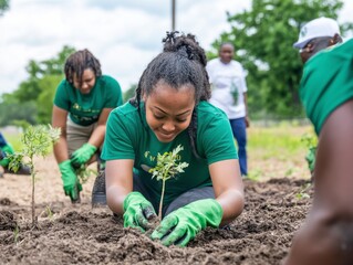 Young Woman Plants a Sapling with a Group in Bright Sunlight