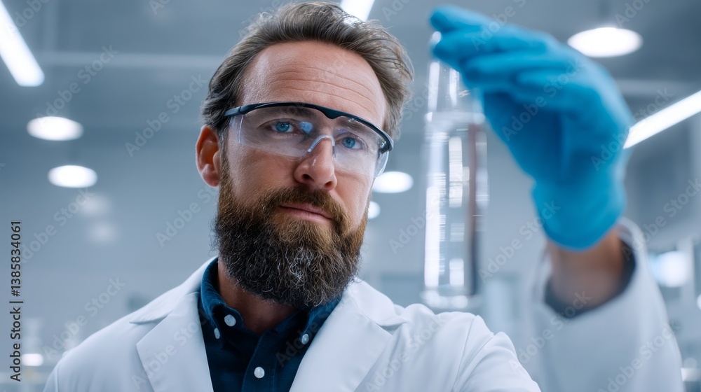 Poster bearded scientist examining chemical solution in lab - a focused bearded scientist in a lab coat met