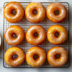 Glazed doughnuts arranged on wire rack, showcasing their shiny surface and golden color. Perfect for sweet treat or dessert