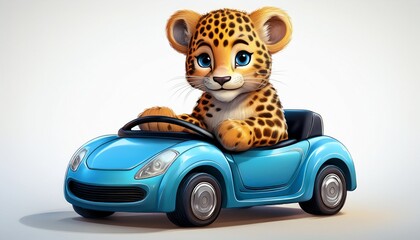 Niedlicher kleiner Leopard in einem blauen Auto