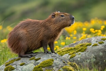 Cute Capybara Rodent Standing on Mossy Rock in a Field of Yellow Flowers