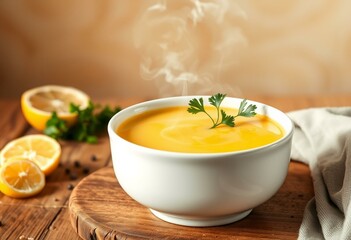 Steaming hot Avgolemono Soup in a white ceramic bowl on a rustic wooden table