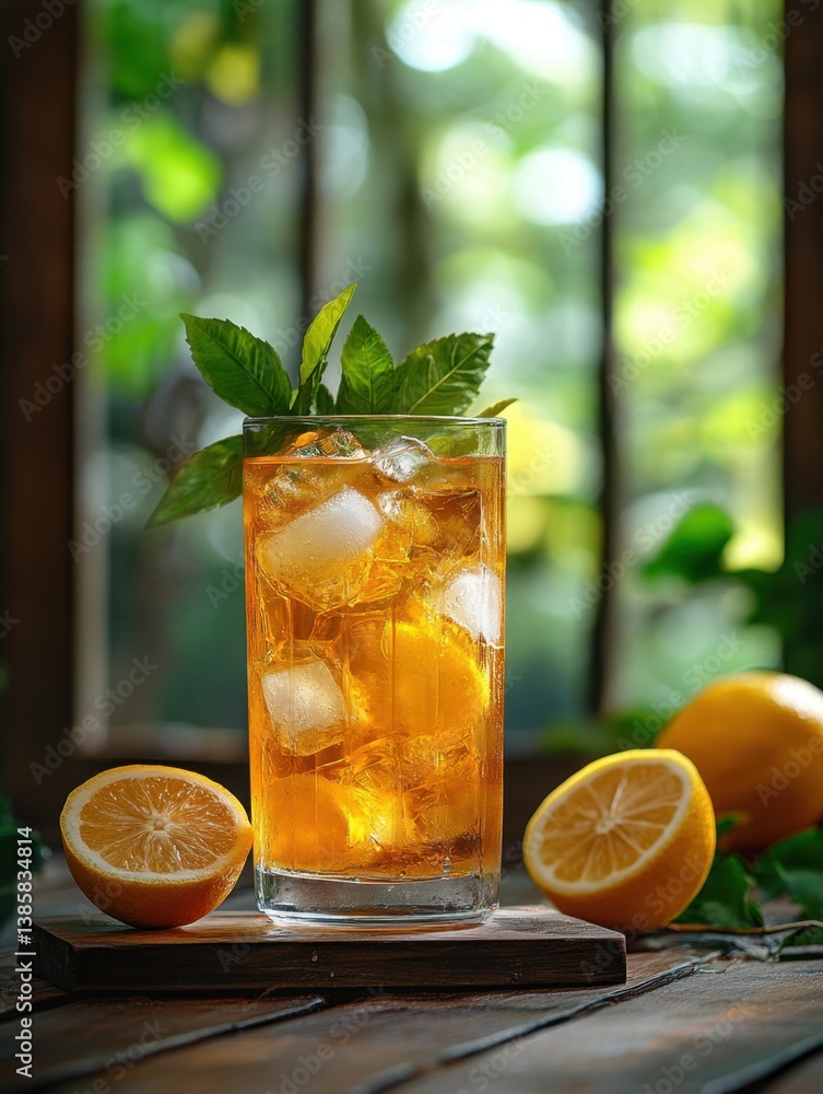 Aufkleber refreshing iced tea with lemon slices and ice cubes on a rustic wooden table with a blurred green ba