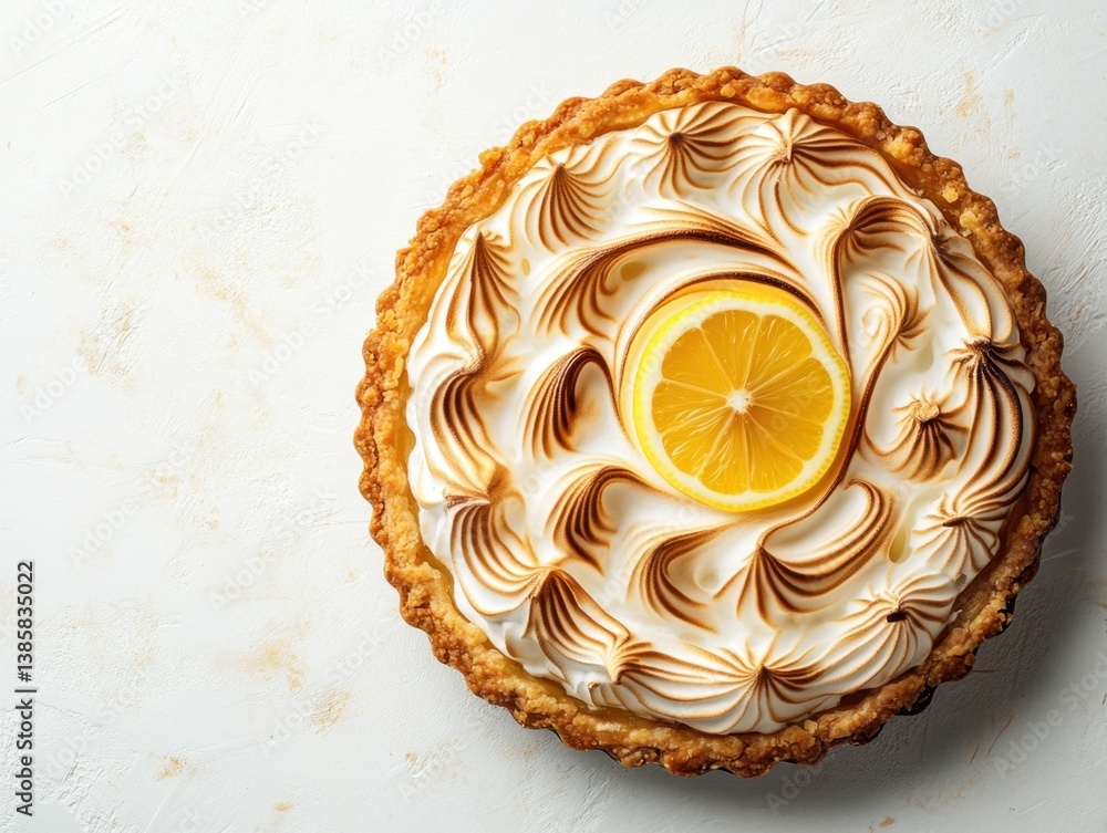 Poster delicious lemon meringue pie with toasted meringue and a slice of lemon on a white background desser