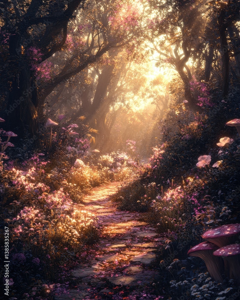 Poster enchanted forest path with ethereal light filtering through trees and blooming flowers creating a ma