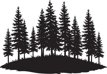 Silhouette of a dense pine forest on a grassy hill.