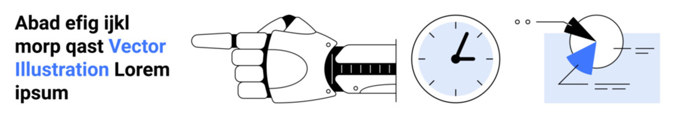 Robotic hand pointing forward, analog clock, and analytic diagram symbolizing innovation, time management, and data. Ideal for technology, automation, science, productivity analysis futurism