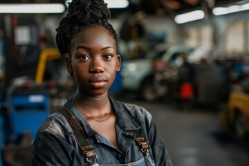 Fototapeta premium Portrait of a young African American female automotive mechanic