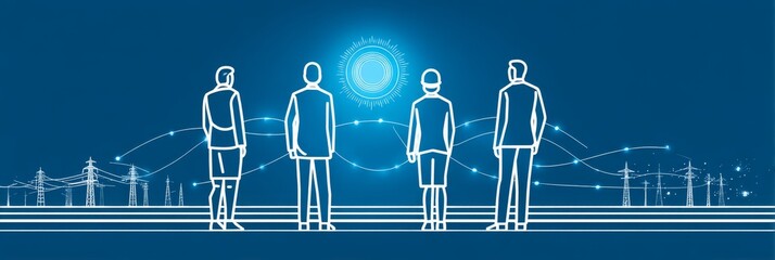 Line Art Collaborative Energy Solutions - Teamwork, innovation, sustainable energy, smart grid, future power. Symbolizing collaboration towards a brighter energy future