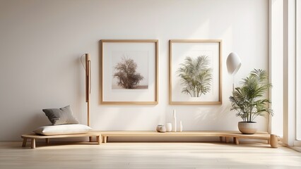 Fototapeta premium Three blank white frames with light wooden borders leaning against a white wall on a wooden parquet floor.