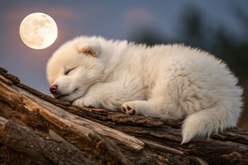Naklejka premium Adorable White Fluffy Puppy Sleeping Peacefully on Log Under Full Moon