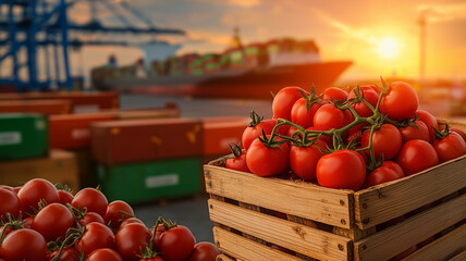 Fresh tomatoes in wooden crates on dock, with sunset backdrop and cargo ship in background, create vibrant and lively scene of harvest and trade