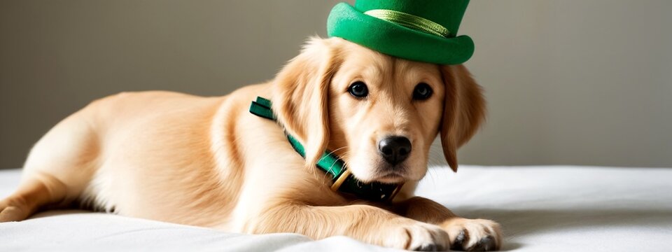 A golden retriever dog wearing a green hat laying on a bed.