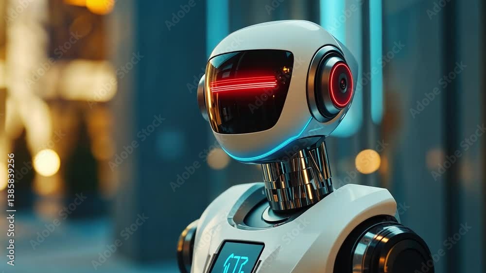 Poster futuristic interaction between human and robot in urban environment under neon lights with focus on 