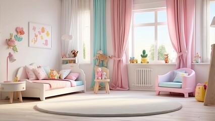 A minimalist children's playroom with a white round table surrounded by four white chairs