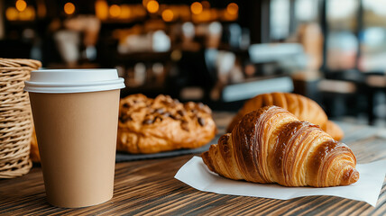 warm croissant beside coffee to go cup on wooden table in cozy cafe. inviting atmosphere enhances enjoyment of this delightful breakfast pairing