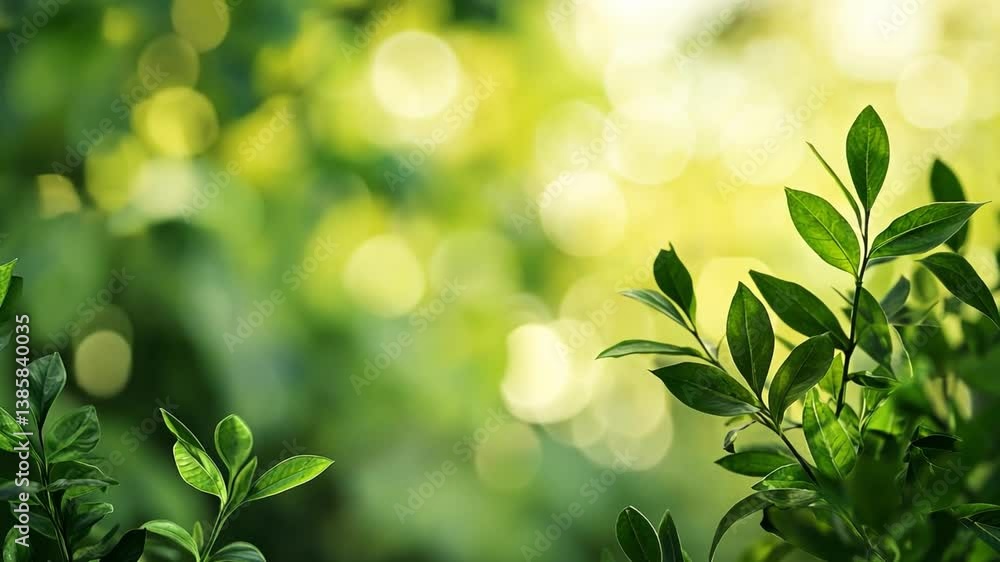 Poster lush green leaves bathed in soft light against a vibrant bokeh background creating a tranquil and in