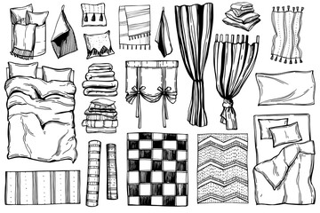 Hand-drawn home textiles. Curtains, carpets, bed linen, towels.  Vector sketch illustration. 