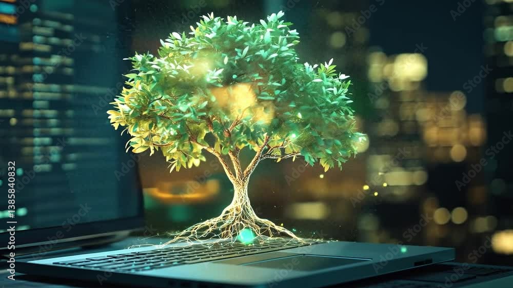Poster digital nature: a conceptual representation of growth and technology with a tree emerging from a lap