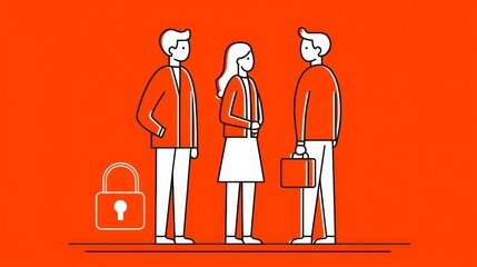 Line Art Data Privacy Discussion: Protecting Confidential Information - Three colleagues discuss data protection, symbolizing confidentiality, security, trust, compliance