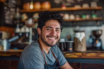 Fototapeta premium Portrait of a smiling young hispanic man in a coffee shop