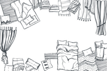 Hand-drawn home textiles. Curtains, carpets, bed linen, towels.   Vector background. Sketch  illustration.  