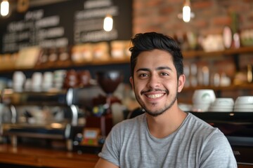 Fototapeta premium Portrait of a smiling young hispanic man in a coffee shop