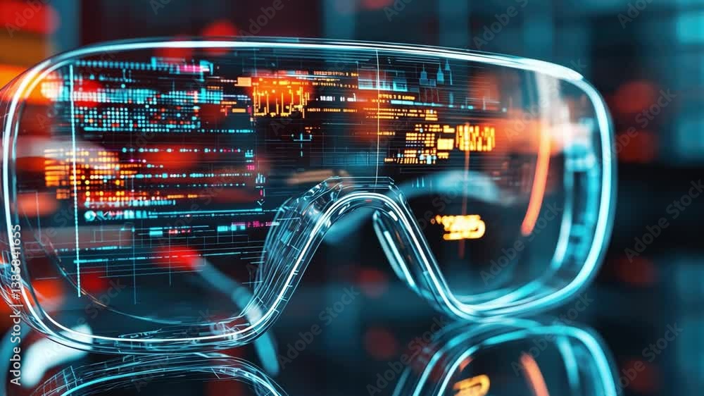 Poster futuristic augmented reality glasses displaying digital data and user interface elements in a high-t